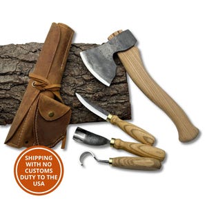 4 Piece Spoon Carving Tool Set – Hand-Forged Carving Tools, Ash Handles and 52100 Steel, Carving Axe, Sloyd Knife, Hook Knife & Bent Gouge.