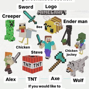May include: A digital collage of Minecraft characters and items, including a creeper, chicken, Steve, bee, ender man, sword, TNT, axe, and wolf. The text "Select how many images you would like and add at the personalised section" is at the top of the image. The text "If you would like to change anything like colours or have any requests, please don't hesitate to send me a message and I will be happy to help" is at the bottom of the image.