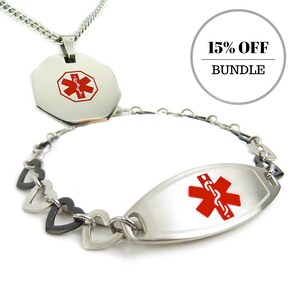 Custom Engraved Medical Alert Black and Steel Heart Bracelet For Women and ID Necklace, Stainless Steel, BD-(i1R-B11)--(P1R-N27)