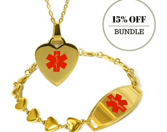 Gold Toned Heart Medical Alert Bracelet For Women and Heart ID Necklace, Custom Engraved, Stainless Steel, BD-(i1RD-BS6D)--(P5RD-N24D)