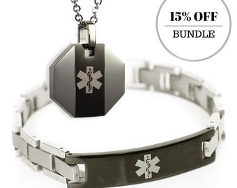 Black Medical ID Bracelet and Necklace, Custom Engraved, Stainless Steel, BD-(MID126)--(P1NSBK-N27)