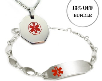 Custom Engraved Medical Alert Bracelet and ID Necklace, Stainless Steel, BD-(i2R-Ai5)--(P1-N27)