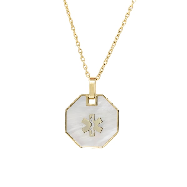 Custom Engraved Medical Alert ID Necklace, Imitation Mother of Pearl Shell Inlay, Gold-Toned 316L Steel, P1DSW-N24D