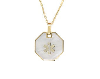 Custom Engraved Medical Alert ID Necklace, Imitation Mother of Pearl Shell Inlay, Gold-Toned 316L Steel, P1DSW-N24D