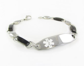 Millefiori Glass Medical ID Bracelet Black//White Pattern Blank Pink My Identity Doctor Made in USA