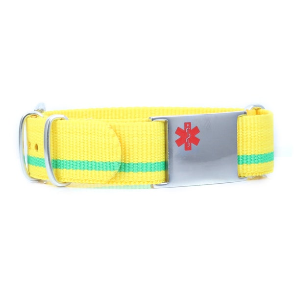 Personalized Medical Alert Bracelet With Free Engraving 316L Stainless Steel, Red Alert Symbol, Yellow and Green Canvas Band | USA - iSS-55J