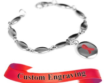 Red Awareness Ribbon Bracelet, Engraved, Stainless Steel Drop - R1R-Ai5