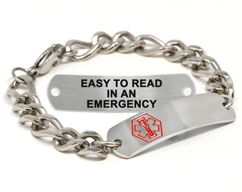 Custom Medical Alert Bracelet, Stainless Steel Figaro Chain, Free Engraving