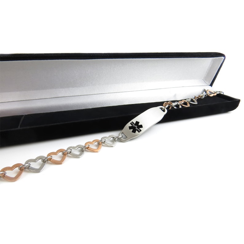 Rose Gold /& Silver Hearts Chain i2C-B12 Black Custom Engraved FREE Medical Alert Bracelet