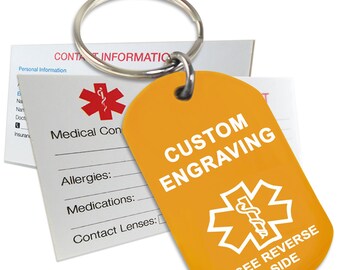 May include: Orange medical alert keychain with a white star of life symbol and the text "CUSTOM ENGRAVING" and "SEE REVERSE SIDE".