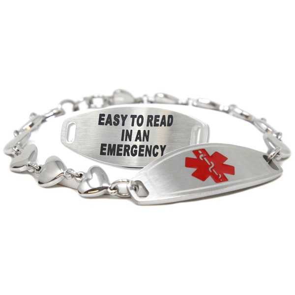 Custom Medical bracelets for Women with Free Engraving 316L Stainless Steel, Heart Chain, Red | Medic ID card Included - i1C-BS6