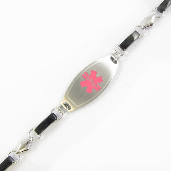 Custom Medical ID Bracelet Women with Free Engraving 316L Stainless Steel, Black and Silver, Pink Alert Symbol| Hand Made in USA - i1C-BS7