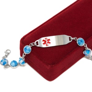 Personalized Medical ID Bracelet for Women With Free Engraving 316L Stainless Steel, Blue Round Glass, Red alert Symbol | USA - i2C-YR2