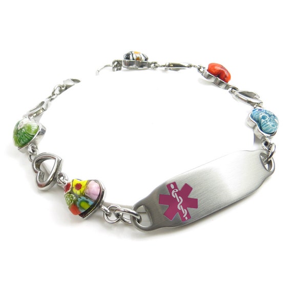 Pink Red Millefiori Glass My Identity Doctor Pre-Engraved & Customized Compazine Allergy Alert Bracelet Pink Red Millefiori Glass My Identity Doctor Pre-Engraved & Customized Compazine Allergy Alert Bracelet