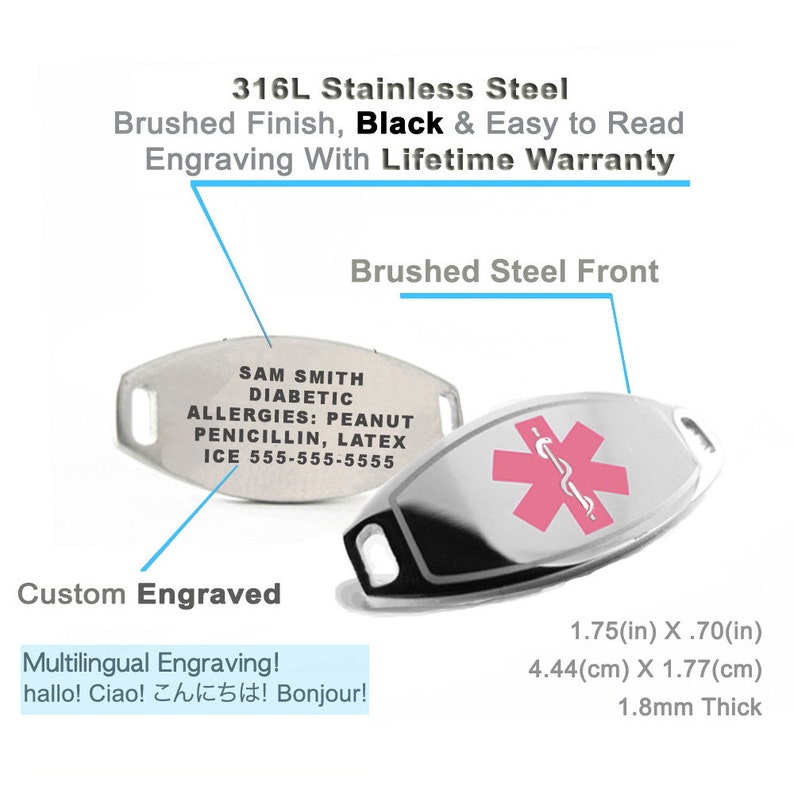 Medical Alert ID Bracelet Custom ENGRAVED FREE Pink i1C-BS1
