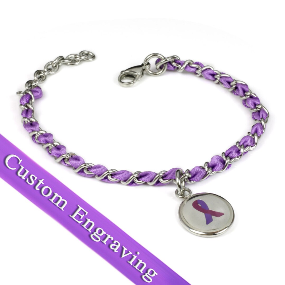 Purple Ribbon Awareness Bracelet, Engraved, Silk and Steel Chain - R1PL ...
