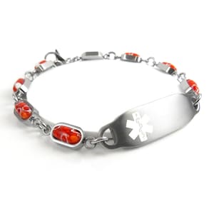 Custom Medical Alert Bracelet Women with Free Engraving 316L Stainless Steel, Millefiori Red Glass, White Symbol | Made in USA - i2C-YR11
