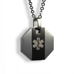 Medical Alert ID Necklace, Stainless Steel, Custom Engraved, Black Stripe with Gray Symbol - P1NSBK