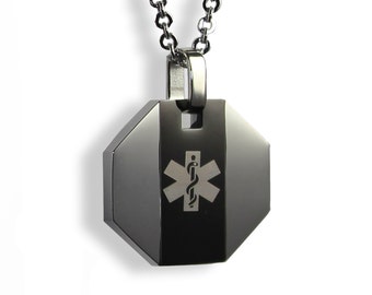 Medical Alert ID Necklace, Stainless Steel, Custom Engraved, Black Stripe with Gray Symbol - P1NSBK