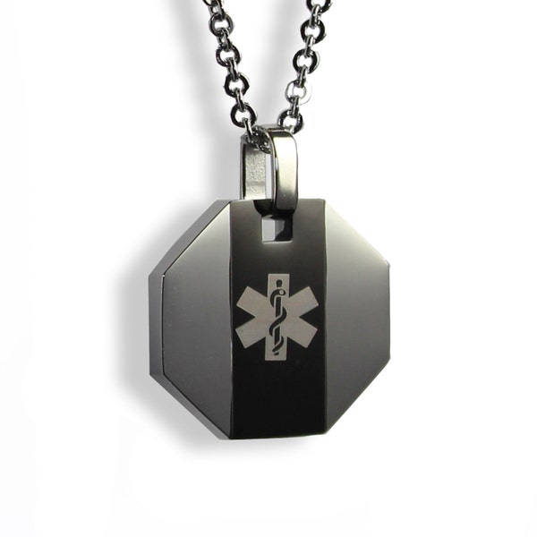 Medical Alert ID Necklace, Stainless Steel, Custom Engraved, Black Stripe with Gray Symbol - P1NSBK