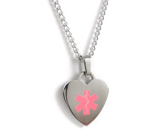 Heart Medical ID Necklace, Steel, Pink Symbol - P5C-N
