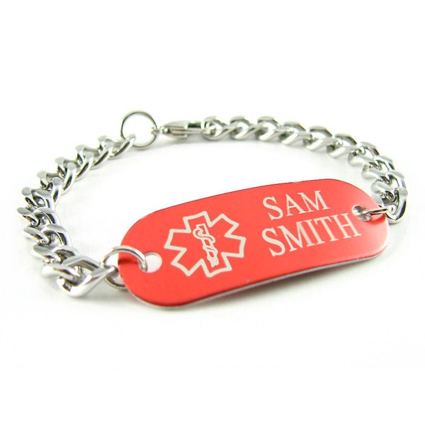 Personalized Red Aluminium Custom Sized Medical Alert Bracelet With Free Engraving 316L Stainless Steel Curb Chain | Made in USA - iA1C-BS1