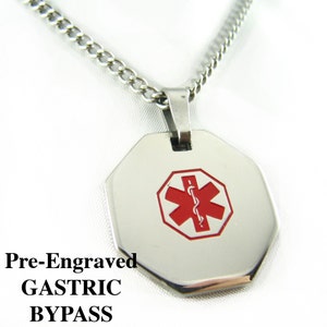 Pre-Engraved GASTRIC BYPASS Medical Alert Necklace, Stainless Steel, P1