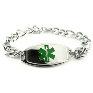 May include: A silver chain bracelet with a green medical alert tag featuring the Star of Life symbol.