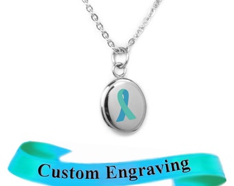 Teal Ribbon Awareness Necklace, Custom Engraved - R1T-N