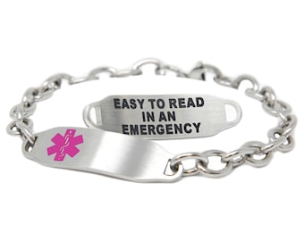 Custom Medical Bracelets for Women, Purple ID With Free Engraving 316L Stainless Steel, O-LINK Chain | Made in USA - i2C-BS2