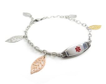 Personalized Medical Alert Bracelet for Women With Free Engraving 316L Stainless Steel Maple Leaves, Red Symbol | Hand Made in USA - i9C-DY2