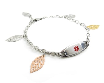 Personalized Medical Alert Bracelet for Women With Free Engraving 316L Stainless Steel Maple Leaves, Red Symbol | Hand Made in USA - i9C-DY2