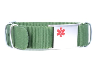 Custom Medical ID Bracelet Engraved Free 316L Stainless Steel, Army Green Canvas Band, Pink Symbol | Medic ID card Included - iSS-55C
