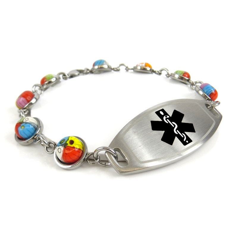 Black i1C-YR3 Round Millefiori Glass Custom Engraved Medical Bracelet