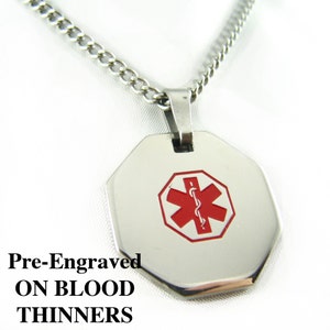 Pre-Engraved ON BLOOD THINNERS Medical Alert Necklace, Stainless Steel, P1 image 1