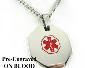 Pre-Engraved ON BLOOD THINNERS Medical Alert Necklace, Stainless Steel, P1