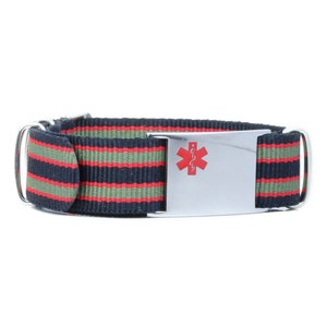 Personalized Medical Bracelet With Free Engraving 316L Stainless Steel, Black, Green and Red Canvas Band, Red ID | Custom Made - iSS-55B
