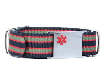 Personalized Medical Bracelet With Free Engraving 316L Stainless Steel, Black, Green and Red Canvas Band, Red ID | Custom Made - iSS-55B