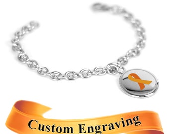Orange Ribbon Awareness Bracelet, Engraved, XS Steel Mini O-Link Chain - R1O-BS8