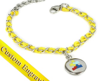Autism Awareness Bracelet, Engraved, Yellow Silk and Steel Chain - R3-TJY