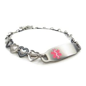 Personalized Medical ID Bracelet for Women With Free Engraving 316L Stainless Steel, Black & Silver Hearts Chain, Pink |USA - i2C-B11
