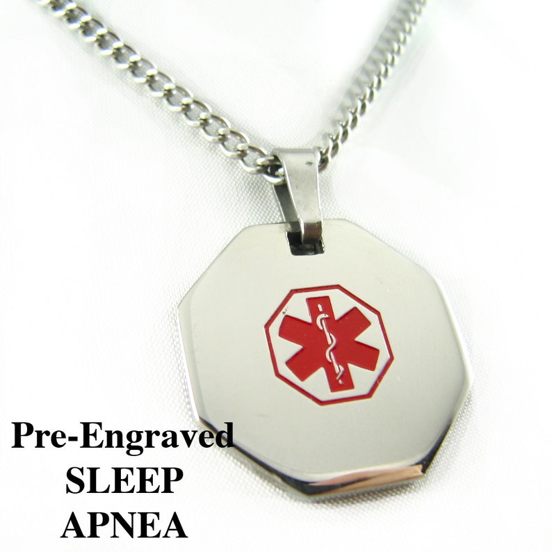 Pre-Engraved SLEEP APNEA Medical Alert Necklace, Stainless Steel, P1 image 1