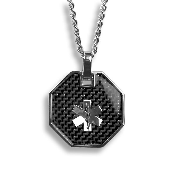 Medical Alert ID Necklace, Stainless Steel, Custom Engraved, Carbon Fiber Design - P1NF