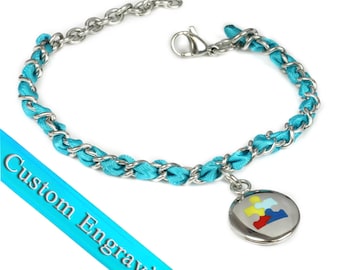 Autism Awareness Bracelet, Engraved, Teal Silk and Steel Chain - R3-TJT