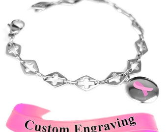 Pink Charm Bracelet, Breast Cancer Awareness, Engraved, Steel Cross Cut-Out Links - R1P-Ai7