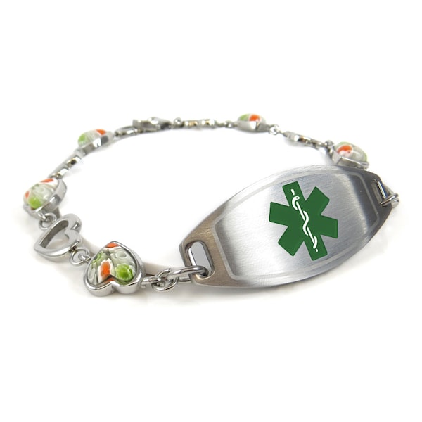 Personalized Medical Bracelet for Women Engraved Free 316L Stainless Steel, Green/White Hearts Chain, Green ID | Hand Made in USA - i1C-YR6