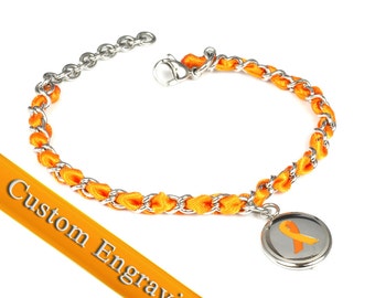Orange Ribbon Awareness Charm Bracelet, Engraved, Silk and Steel - R1O-TJO