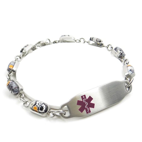 Personalized Medical Bracelet for Women Engraved Free 316L Stainless Steel, Black Millefiori Glass, Purple Symbol | Custom Made - i2C-YR10