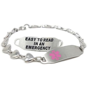112-1374RG Rose Gold Stainless Rolo Pink Ribbon Symbol Lymphedema No Bp Iv Bracelet