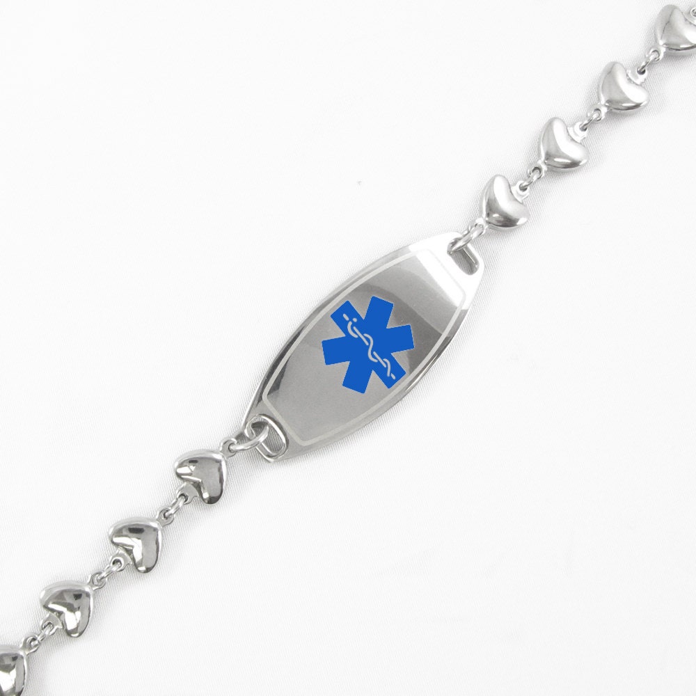 Custom Womens Medical ID Bracelet HEART CHAIN Blue Engraved Etsy